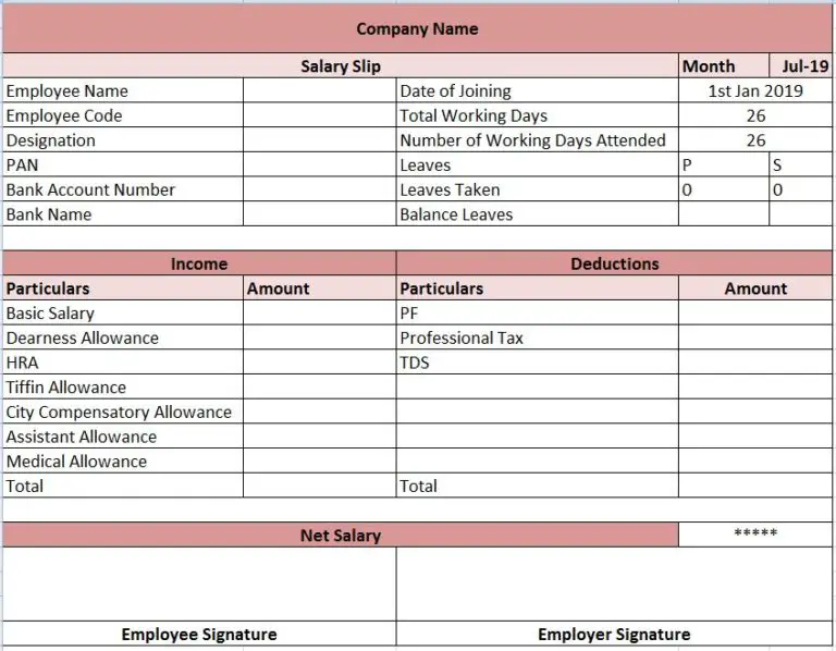 cash salary slip format in excel