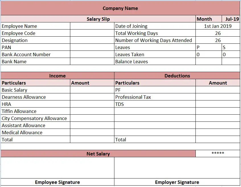 salary slip format cash salary slip format